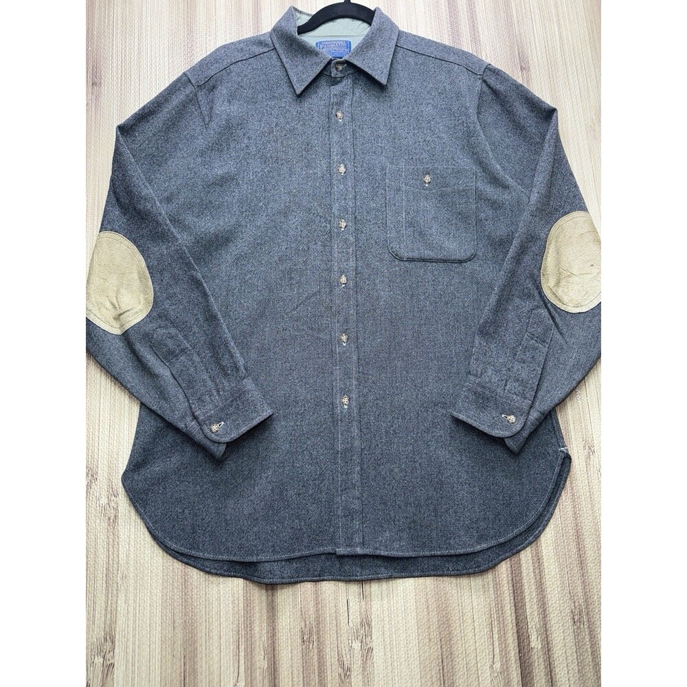 Pendleton Trail Shirt Mens L Gray Virgin Wool Suede Elbow Patch Vintage USA